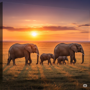 A family of elephants, crossing a savanna at sunset, wall art.