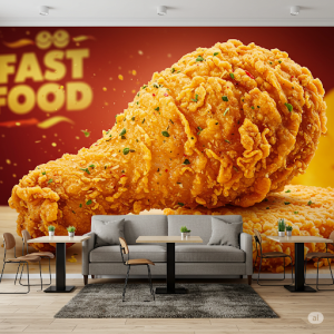 A fast food restaurant mural, close-up of the golden-brown crispy chicken with herbs and spices.