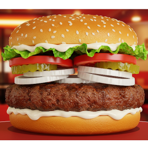 A flame-broiled beef patty with tomatoes, lettuce, mayonnaise, pickles, and onions on a sesame seed bun, a fast food restaurant mural.