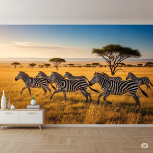 A herd of galloping zebras crosses the plains.