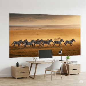 A herd of zebras galloping across the plains. 