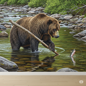 A large bear fishing in a stream, a realistic wall painting.