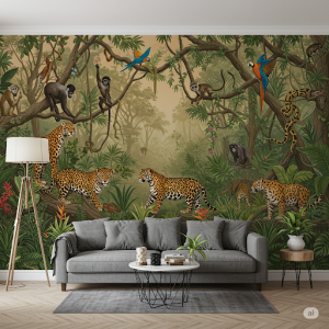A large, panoramic jungle animals wallpaper mural.