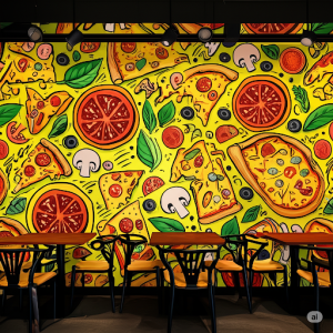 A large-scale, patterned pizza restaurant feature wall mural.