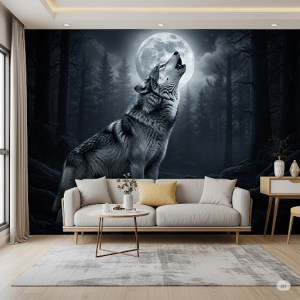 A lone wolf howling wallpaper mural.