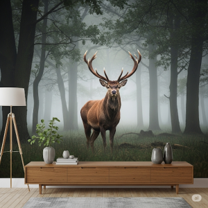 A majestic deer with large antlers, standing in a misty forest, full wall Art.