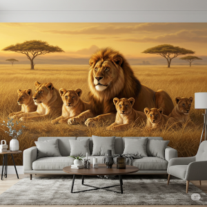 A majestic lion pride lounges in the golden savanna, a living room animal mural.
