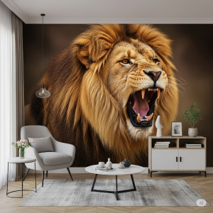 A majestic, roaring lion indoor wallpaper mural.