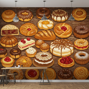 A mouth-watering mural featuring an array of baked goods
