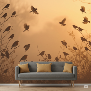 A panoramic mural depicting a variety of forest birds, such as robins, wrens, thrushes, and finches, silhouetted against a soft, rising sun.