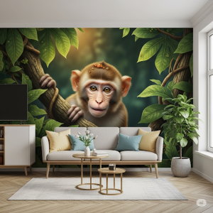 A playful monkey peeking from the leaves, an indoor wallpaper mural.