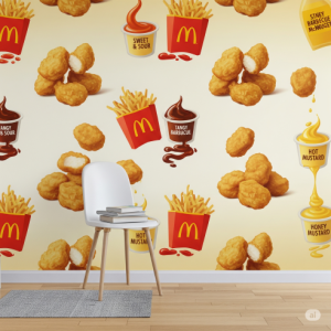 A playful mural shows an array of nuggets with different sauces drizzled over them.