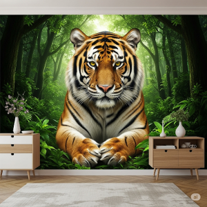 A powerful tiger with piercing eyes, amidst jungle greenery, animal wallpaper mural.