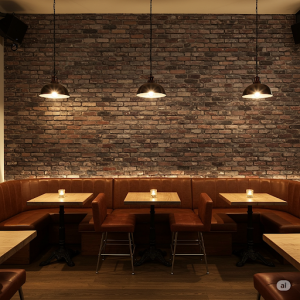 A rough-hewn brick wallpaper mural lends an industrial edge to a gastropub.