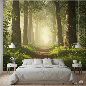 a soft, sun-dappled forest path winding through towering trees wallpaper. 
