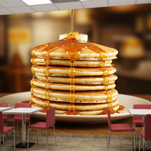 A stack of fluffy pancakes with syrup dripping down. 