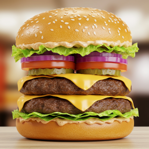 A towering double-decker burger with special sauce, lettuce, cheese, pickles, and onions on a sesame seed bun, fast food wallpaper mural. 