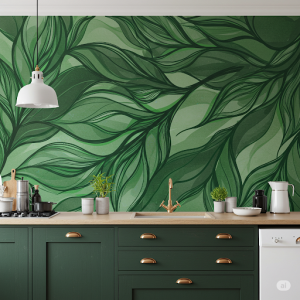 Abstract Botanical Kitchen Wallpaper. Flowing lines and organic shapes in shades of green, inspired by leaves and stems.