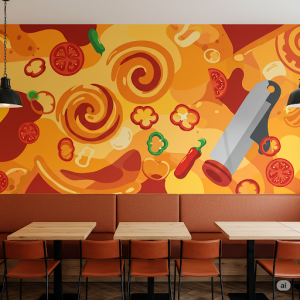 Abstract Pizza Soundwaves Restaurant Wallpaper Mural. Graphic representations of the sounds of a bustling pizza kitchen (sizzling, chopping) are visualized with pizza-inspired shapes and colors.