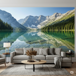 Alpine Lake Reflection Living Room Nature Mural Painting. Crystal-clear water mirroring majestic mountains.