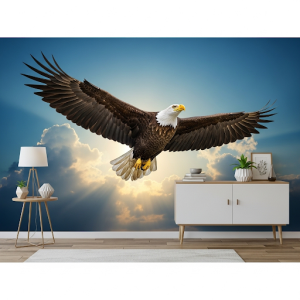 An eagle soaring high in the sky, a canvas wallpaper printing, symbolizes freedom.