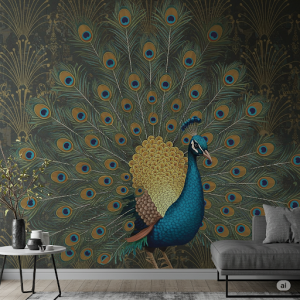Art Deco Flair Peacock Wallpaper Mural. A stylized peacock design with geometric patterns and metallic accents, reminiscent of the Art Deco era.