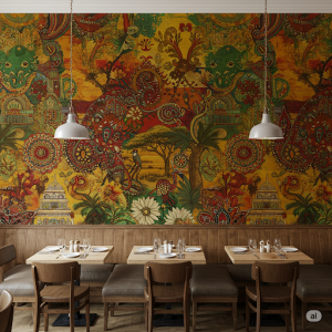 Artfully blend Indian and Kenyan elements restaurant wallpaper mural.