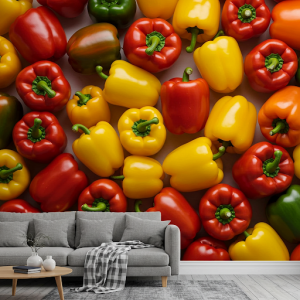 Artistic arrangement of colourful bell peppers restaurant mural.