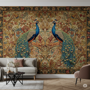 Aubusson Tapestry Wall Mural. Peacocks are woven into a design reminiscent of a French Aubusson tapestry.