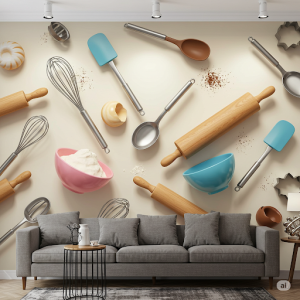 Baking Utensils 3d Wallpaper Mural for cafe.