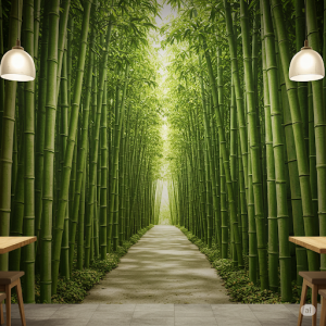 Bamboo Forest Pathway Cafe Mural. Tall, slender bamboo stalks sculpted in relief, creating an immersive pathway effect. 