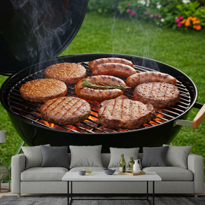 Barbecue grill with sizzling meat wallpaper mural.