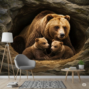 Bear Cave Retreat Wallpaper Mural. Mama bear and cubs are in their den.