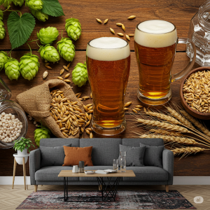 Beer Ingredients, Bar Wallpaper Mural. Depicting hops, barley, and other ingredients.