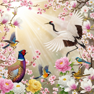 Birds and Blossoms Living Room Luxury Wallpaper for Walls. A delicate and graceful design showcasing vibrant birds (pheasants, cranes, songbirds) amidst flowering branches of cherry blossoms, peonies, or magnolias.