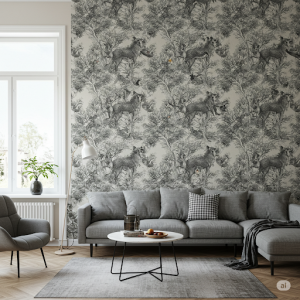 Black and white living room forest animals wallpaper mural.