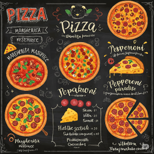 Blackboard Menu with Pizza Doodles Wall Art. A hand-drawn style menu featuring pizza names and illustrations.