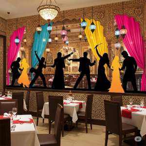 Bollywood silhouettes of actors Indian restaurant wallpaper mural.