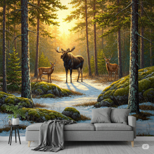 Boreal Forest Landscape and animal painting wallpaper mural.