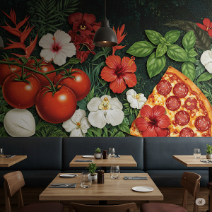 Botanical Pizza Garden Restaurant Wallpaper Mural. Stylized pizza ingredients are depicted as vibrant, exotic plants and flowers.