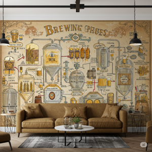 Brewing Process Diagram Wallpaper Mural. Artistic, large-scale schematics of the brewing stages.