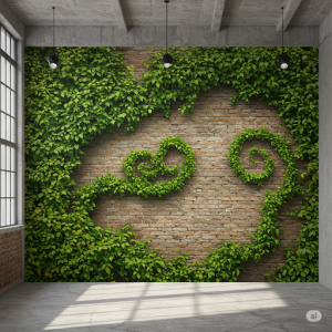 Brick with Faux Vines Restaurant Wallpaper. A mural that appears to have 3D vines growing on a brick wall, bringing a touch of nature indoors.