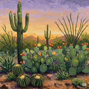 Cactus Garden Impressionistic Wall Art. Various cacti species, desert flora.