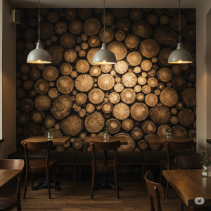 Cafe, textured "logs" wallpaper mural.