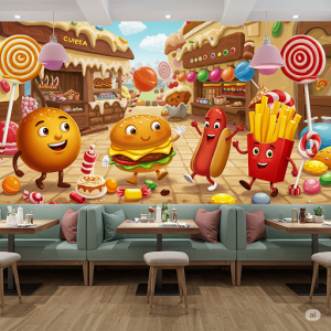 Cartoon Food Characters Restaurant 3d Wallpaper Mural. Playful for a family-friendly restaurant.