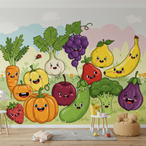 Cartoon fruits and vegetables with faces mural