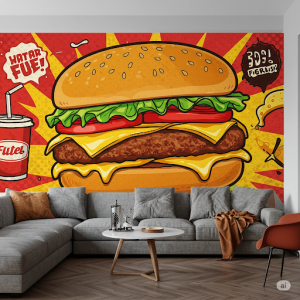 Cartoon-style classic cheese burger. 