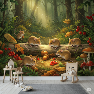 Charming Forest Mice Wallpaper Mural. Tiny mice are exploring the forest floor.