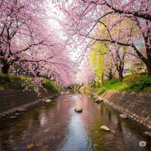 Cherry Blossom Avenue Indoor Wall Painting. Delicate pink blossoms line a riverbank.