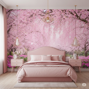 Cherry Blossom Cascade, Pink Bedroom Wallpaper Mural.